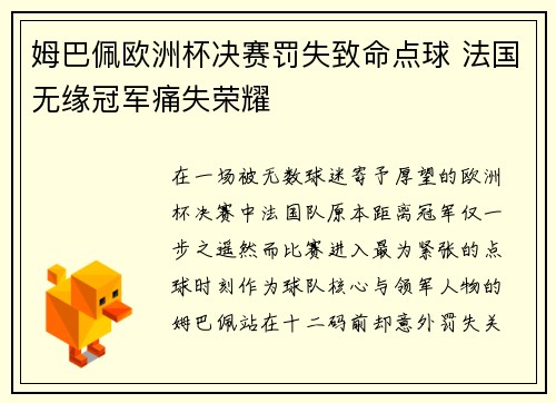 姆巴佩欧洲杯决赛罚失致命点球 法国无缘冠军痛失荣耀