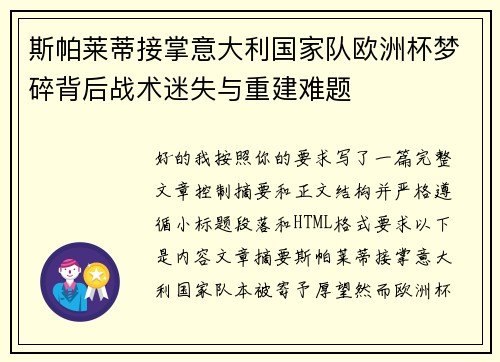 斯帕莱蒂接掌意大利国家队欧洲杯梦碎背后战术迷失与重建难题
